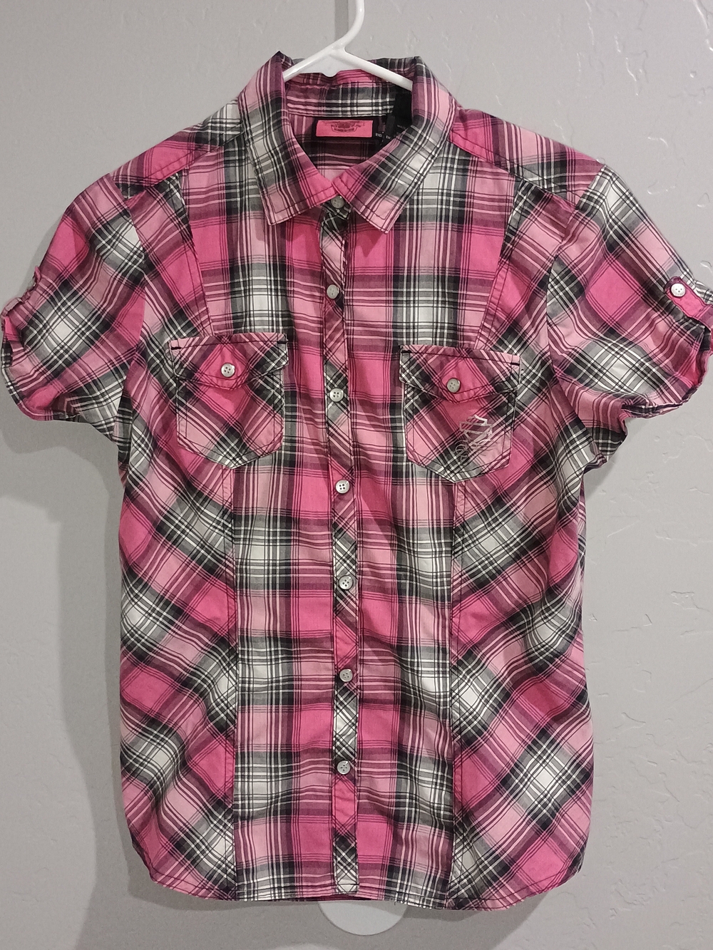 Harley-Davidson Pink and Black Plaid Short-Sleeve Button-Up Shirt